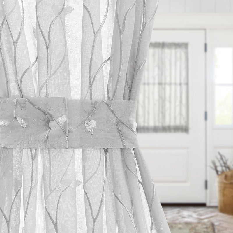 jinchan Sheer Door Curtain 40 Inches Grey Floral Embroidered Semi-Sheer Embroidery Voile Floral French Door Curtain Light Filtering Drape Rod Pocket 1 Panel Gray - Image 4